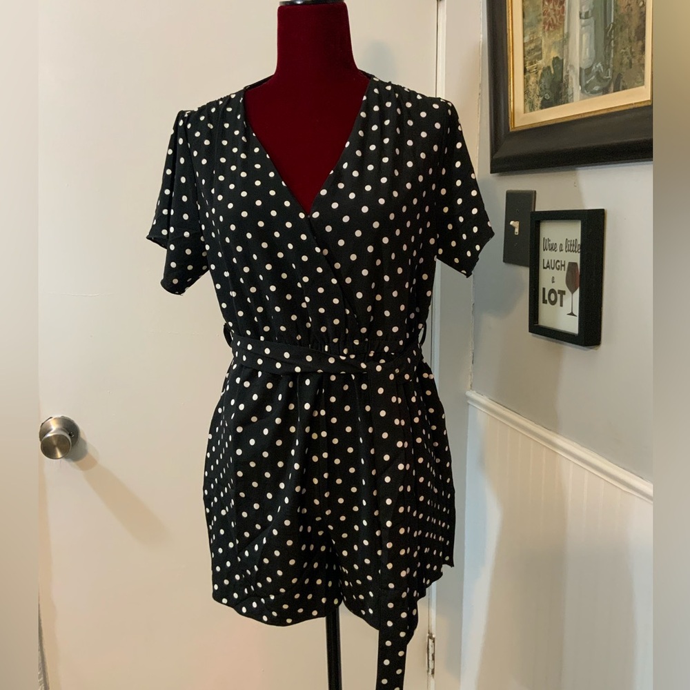 Black and White Polka Dot Wrap Romper size L